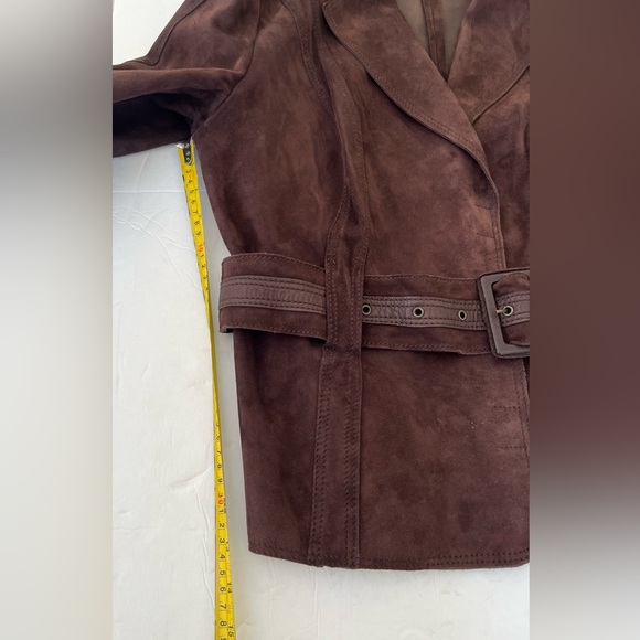 DESA cocoa brown real Suede Leather Blazer jacket suede belt snap closure US L - Picture 15 of 16